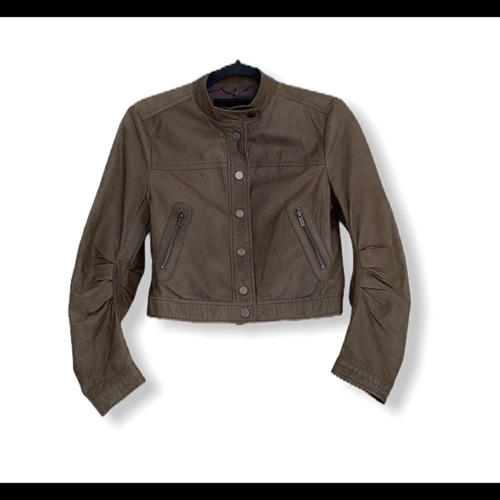 BCBGMAXAZARIA leather Snap Collar Moto Bomber Jacket‎ Small EUC